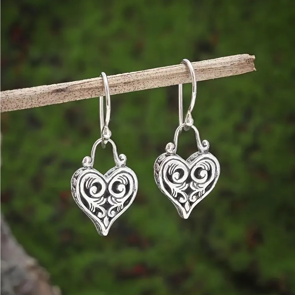 Sterling Silver Heart Filigree Drop Earrings - Silver - Picture 3 of 4